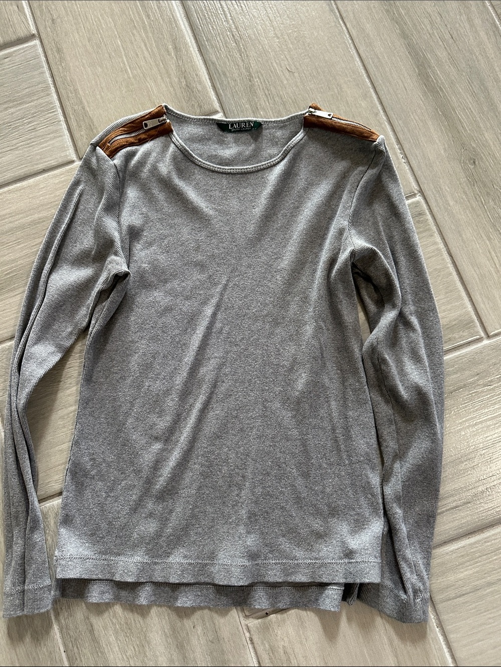 Lauren Ralph Lauren Gray Crewneck Sweater with Tan Shoulder Tabs